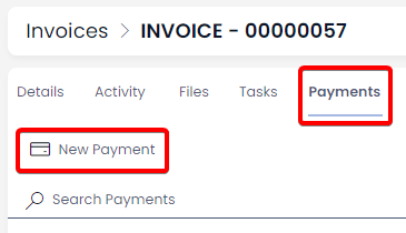 A screenshot of the &quot;Payments&quot; tab, and the &quot;New Payment&quot; button underneath it on the Invoices page. The New Payment button has an icon of a credit card. The screenshot is annotated with two red boxes to highlight the tab and the button.
